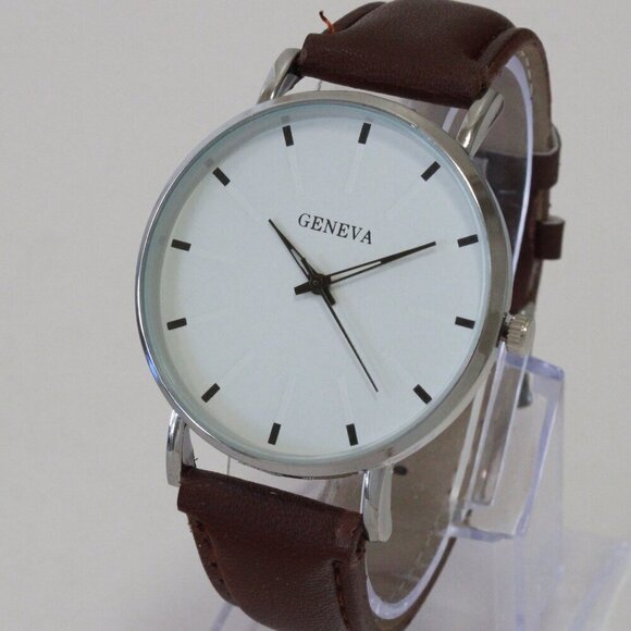 Men's Minimalist Fashion Watch Silver Case White Dial Brown Strap 40mm - Picture 4 of 14